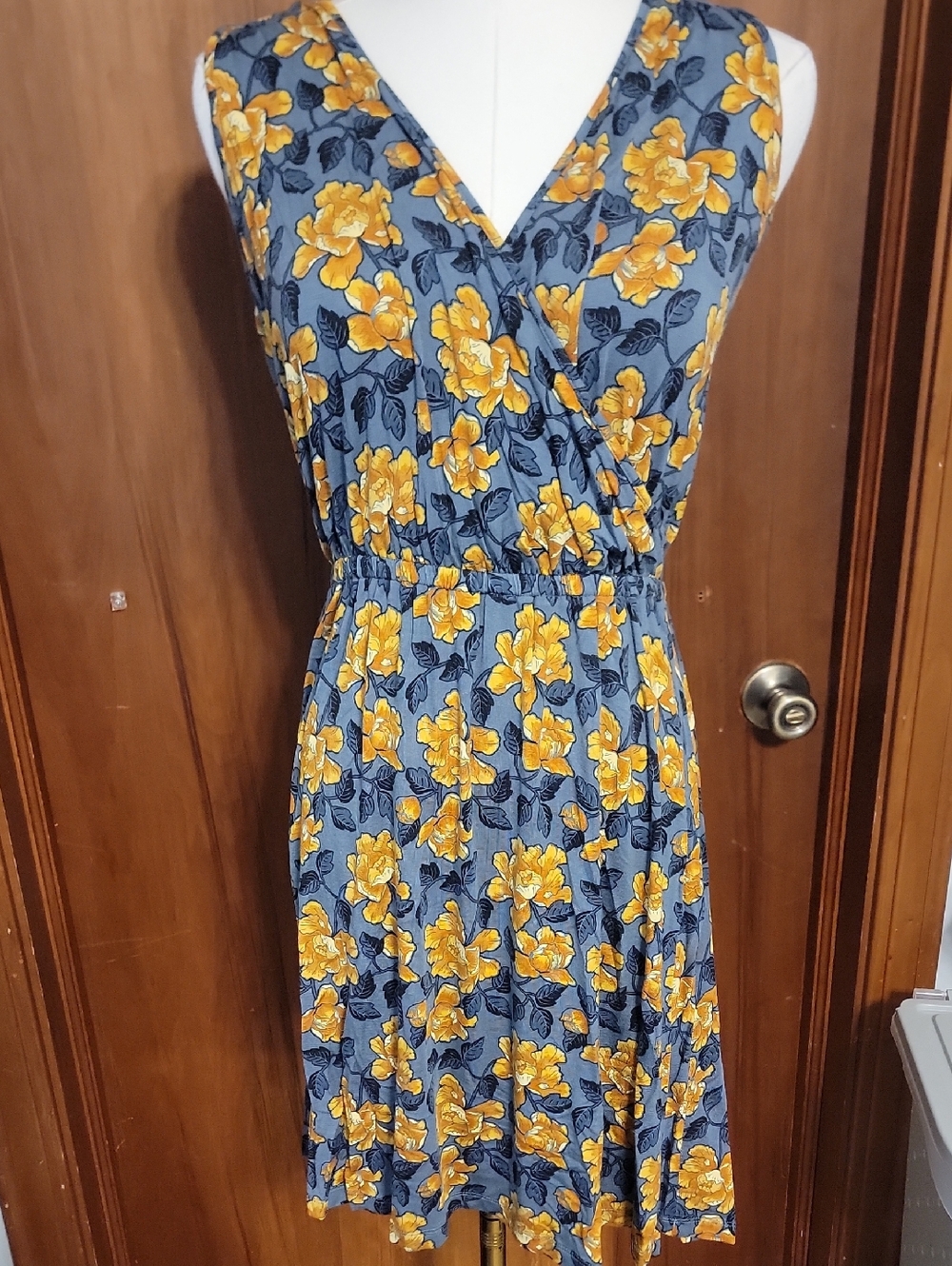 LOFT Blue Floral V-Neck Midi Dress with Yellow Flowers